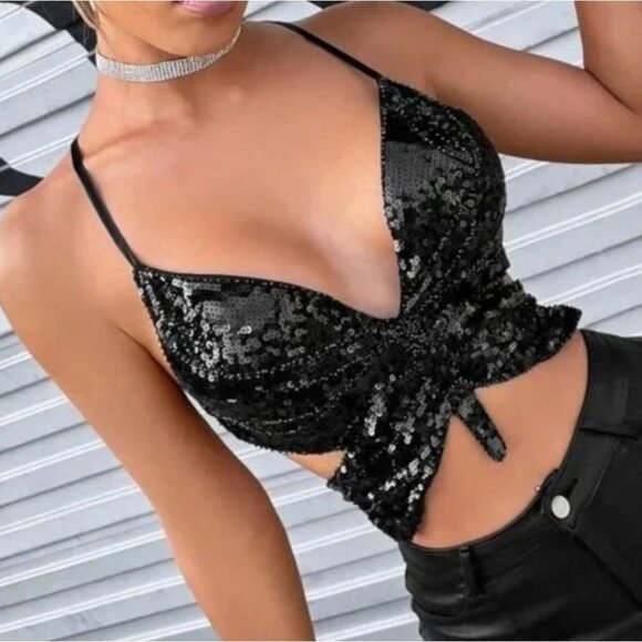 Tops - S/M‎ Sexy Black Sequin Butterfly Bustier V-Neck Sling Rave Club Crop Top
